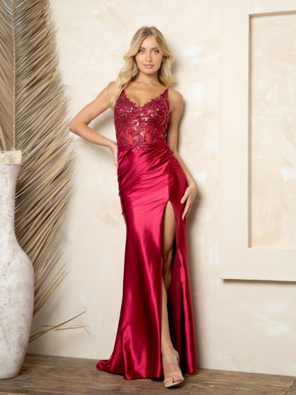 5256- FITTED BEADED CORSET GOWN WITH STRETCH HIGH SLIT SATIN SKIRT - Image 5