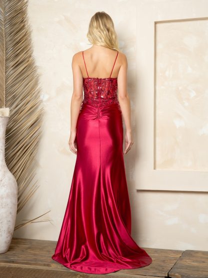 5256- FITTED BEADED CORSET GOWN WITH STRETCH HIGH SLIT SATIN SKIRT - Image 7