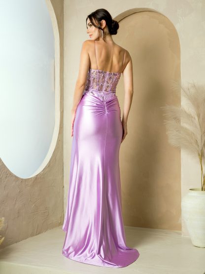 5256- FITTED BEADED CORSET GOWN WITH STRETCH HIGH SLIT SATIN SKIRT - Image 10