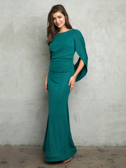 3470 - Glitteing details and draped cowl-backred jersey sheath gown with ruch