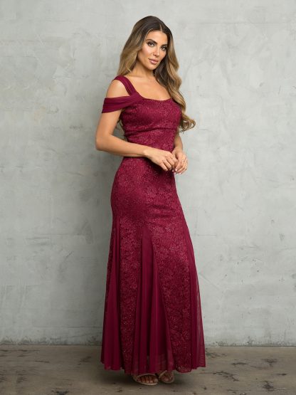 3475 - Glittered lace dress with cold shoulder details