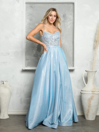 3478 - GLITTERED BALLGOWN W METALLIC CORDED LACE BODICE W POCKETS & CORSET TIE BACK