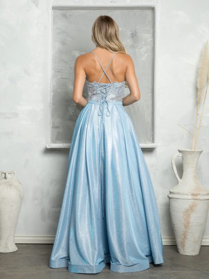 3478 - GLITTERED BALLGOWN W METALLIC CORDED LACE BODICE W POCKETS & CORSET TIE BACK - Image 3