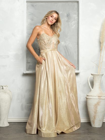 3478 - GLITTERED BALLGOWN W METALLIC CORDED LACE BODICE W POCKETS & CORSET TIE BACK - Image 4