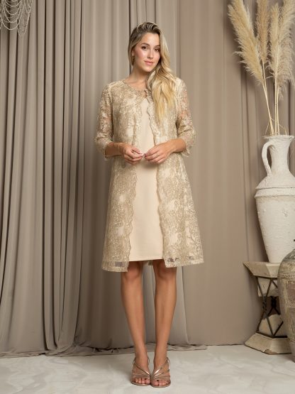 3479 - One piece dress with attached metallic corded lace jacket