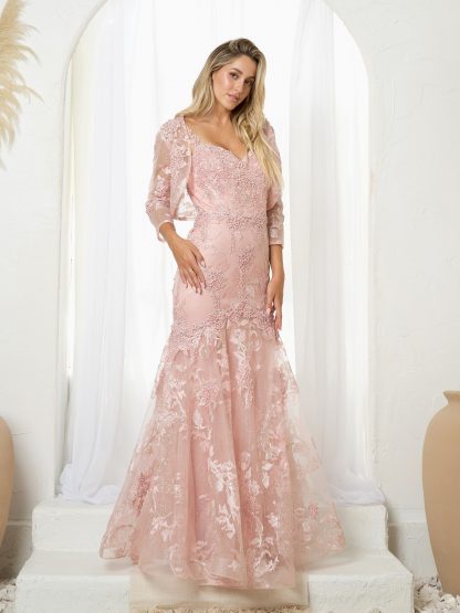 5250-LACE FIT & FLARE GOWN WITH BOLERO AND CORSET BACK
