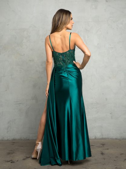 5253- FITTED BEADED CORSET GOWN WITH STRETCH HIGH SLIT SATIN SKIRT AND BACK ZIPPER - Image 6