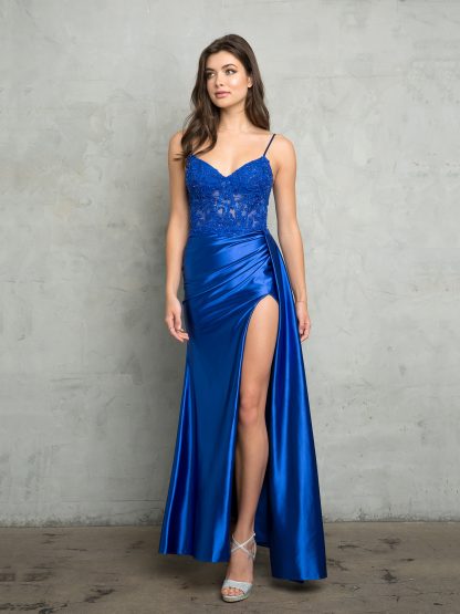 5253- FITTED BEADED CORSET GOWN WITH STRETCH HIGH SLIT SATIN SKIRT AND BACK ZIPPER - Image 2