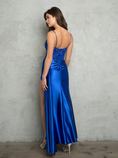 5253- FITTED BEADED CORSET GOWN WITH STRETCH HIGH SLIT SATIN SKIRT AND BACK ZIPPER - Image 3