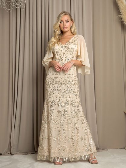 5255-LONG EMBELLISHED GOWN WITH CAPE DETAIL AND BACK ZIPPER - Image 2