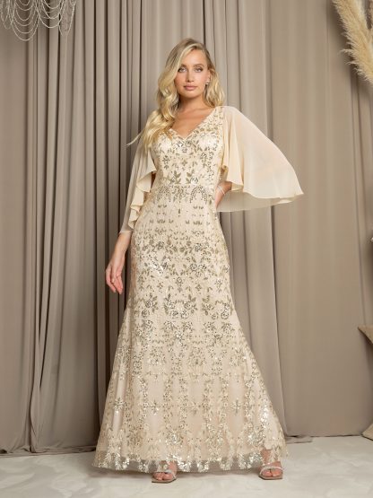 5255-LONG EMBELLISHED GOWN WITH CAPE DETAIL AND BACK ZIPPER