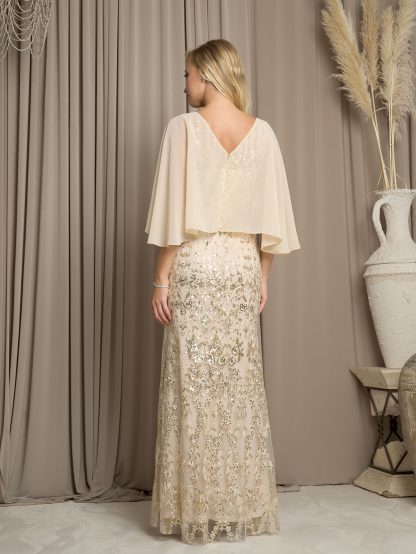 5255-LONG EMBELLISHED GOWN WITH CAPE DETAIL AND BACK ZIPPER - Image 3