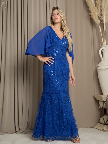 5255-LONG EMBELLISHED GOWN WITH CAPE DETAIL AND BACK ZIPPER - Image 8