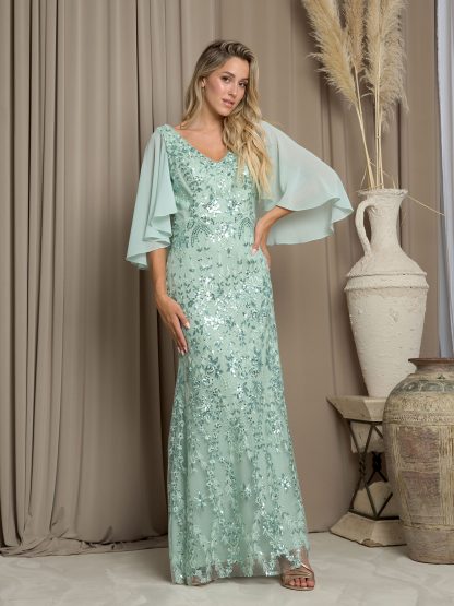 5255-LONG EMBELLISHED GOWN WITH CAPE DETAIL AND BACK ZIPPER - Image 6