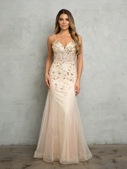 5257 - FIT AND FLARE EMBELLISHED TULLE GOWN WITH CORSET TIE BACK