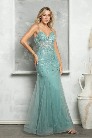 5257 - FIT AND FLARE EMBELLISHED TULLE GOWN WITH CORSET TIE BACK