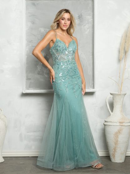 5257 - FIT AND FLARE EMBELLISHED TULLE GOWN WITH CORSET TIE BACK - Image 4