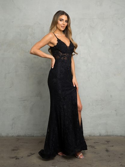 5260 - EMBELLISHED SEXY LACE GOWN W HIGH FRONT SLIT AND DEEP V-BACK WITH ZIPPER - Image 5