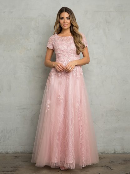 5261 - Short sleeve tulle & lace embellished A-line gown with monochrome appliques with sequin detailing and back zip. - Image 4