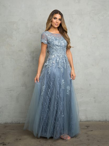 5261 - Short sleeve tulle & lace embellished A-line gown with monochrome appliques with sequin detailing and back zip. - Image 7