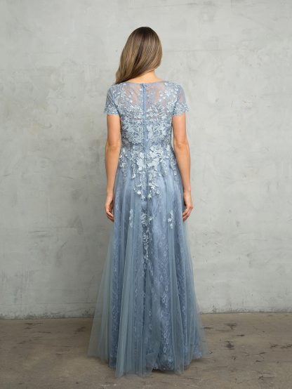 5261 - Short sleeve tulle & lace embellished A-line gown with monochrome appliques with sequin detailing and back zip. - Image 8