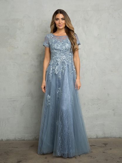 5261 - Short sleeve tulle & lace embellished A-line gown with monochrome appliques with sequin detailing and back zip. - Image 6