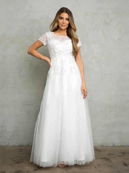 5261 - Short sleeve tulle & lace embellished A-line gown with monochrome appliques with sequin detailing and back zip. - Image 5