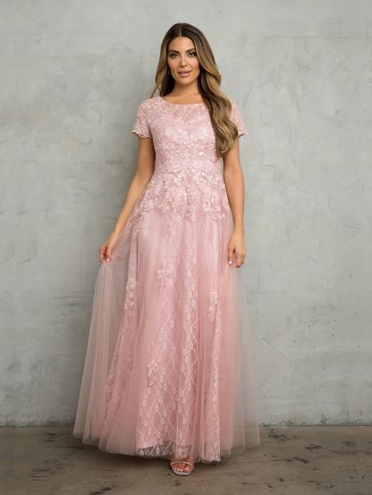 5261 - Short sleeve tulle & lace embellished A-line gown with monochrome appliques with sequin detailing and back zip. - Image 3