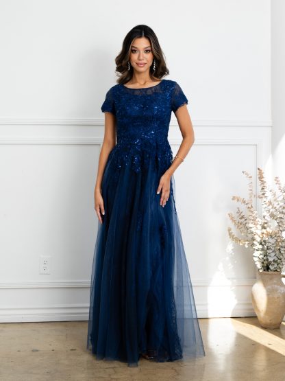 5261 - Short sleeve tulle & lace embellished A-line gown with monochrome appliques with sequin detailing and back zip. - Image 11