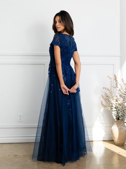 5261 - Short sleeve tulle & lace embellished A-line gown with monochrome appliques with sequin detailing and back zip. - Image 9