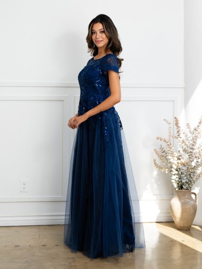 5261 - Short sleeve tulle & lace embellished A-line gown with monochrome appliques with sequin detailing and back zip. - Image 10