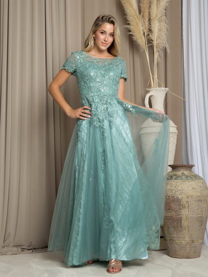 5261 - Short sleeve tulle & lace embellished A-line gown with monochrome appliques with sequin detailing and back zip.