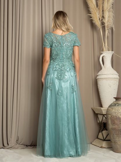 5261 - Short sleeve tulle & lace embellished A-line gown with monochrome appliques with sequin detailing and back zip. - Image 2