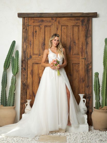 5262 - Sleeveless A-line wedding gown with lace embroidered and corset back with zipper and satin button details - Image 2
