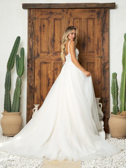 5262 - Sleeveless A-line wedding gown with lace embroidered and corset back with zipper and satin button details - Image 3