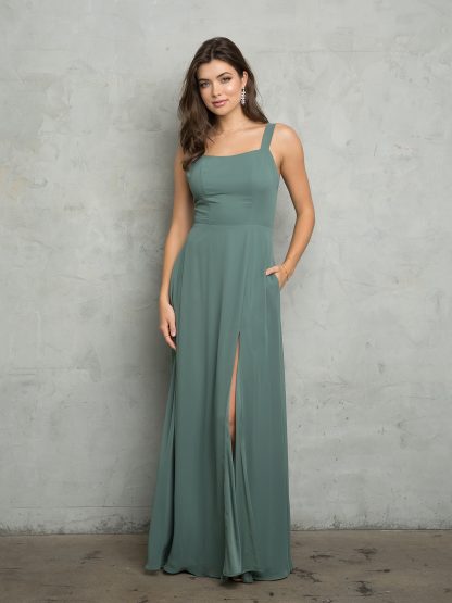 3485 - TIE BACK CHIFFON BM DRESS WITH POCKETS AND FRONT SLIT