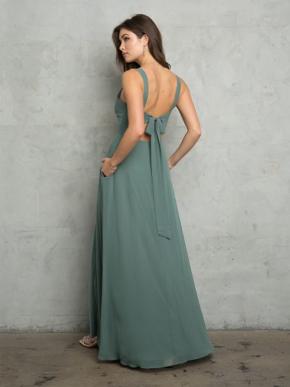 3485 - TIE BACK CHIFFON BM DRESS WITH POCKETS AND FRONT SLIT - Image 3