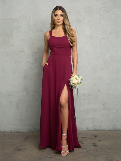 3485 - TIE BACK CHIFFON BM DRESS WITH POCKETS AND FRONT SLIT - Image 8