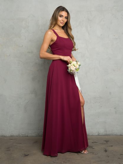 3485 - TIE BACK CHIFFON BM DRESS WITH POCKETS AND FRONT SLIT - Image 9