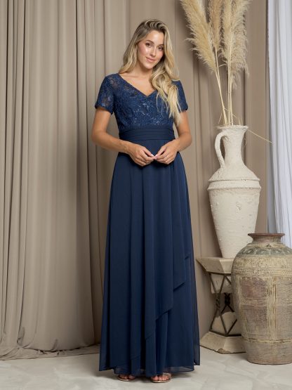 3486 - SHORT SLEEVE MAMA LACE AND STRETCH CHIFFON DRESS