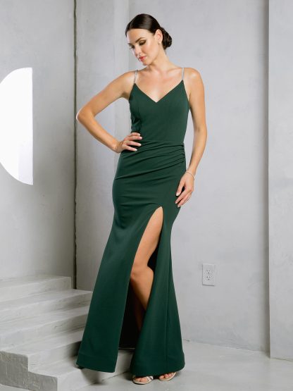 3492 - FIT AND FLARE KNIT CREPE DRESS WITH EMBELLISHED SPAGHETTI STRAPS AND FRONT SLIT - Image 8