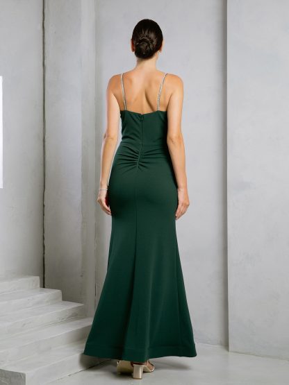 3492 - FIT AND FLARE KNIT CREPE DRESS WITH EMBELLISHED SPAGHETTI STRAPS AND FRONT SLIT - Image 9