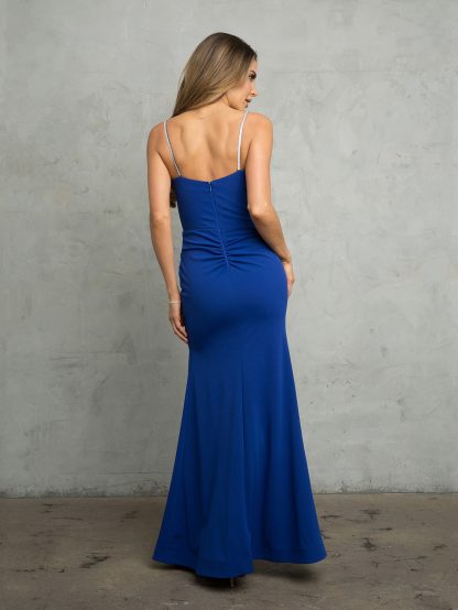 3492 - FIT AND FLARE KNIT CREPE DRESS WITH EMBELLISHED SPAGHETTI STRAPS AND FRONT SLIT - Image 3