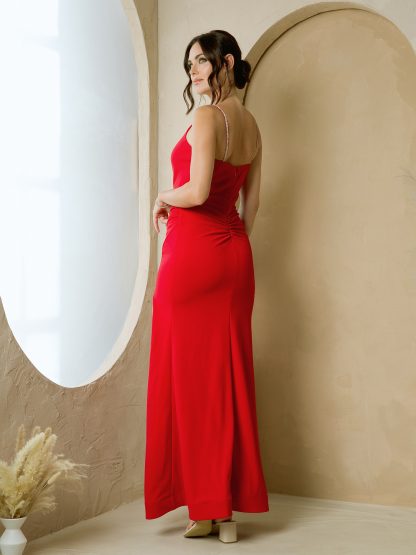 3492 - FIT AND FLARE KNIT CREPE DRESS WITH EMBELLISHED SPAGHETTI STRAPS AND FRONT SLIT - Image 11