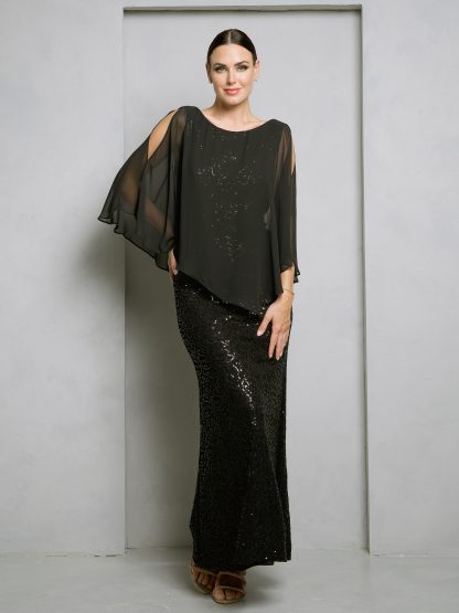 3496 - LACE SEQUIN EVENING GOWN WITH ATTACHED COLD SHOULDER CHIFFON CAPE - Image 5