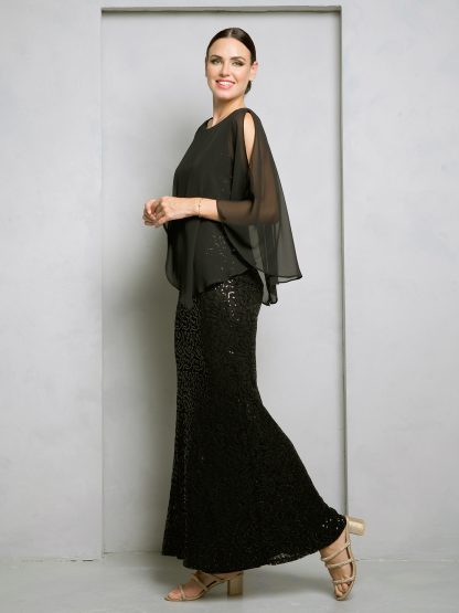 3496 - LACE SEQUIN EVENING GOWN WITH ATTACHED COLD SHOULDER CHIFFON CAPE - Image 6