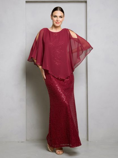 3496 - LACE SEQUIN EVENING GOWN WITH ATTACHED COLD SHOULDER CHIFFON CAPE - Image 7