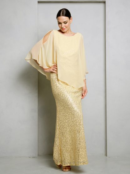 3496 - LACE SEQUIN EVENING GOWN WITH ATTACHED COLD SHOULDER CHIFFON CAPE - Image 8