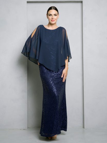 3496 - LACE SEQUIN EVENING GOWN WITH ATTACHED COLD SHOULDER CHIFFON CAPE - Image 9
