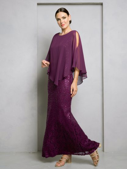 3496 - LACE SEQUIN EVENING GOWN WITH ATTACHED COLD SHOULDER CHIFFON CAPE - Image 10